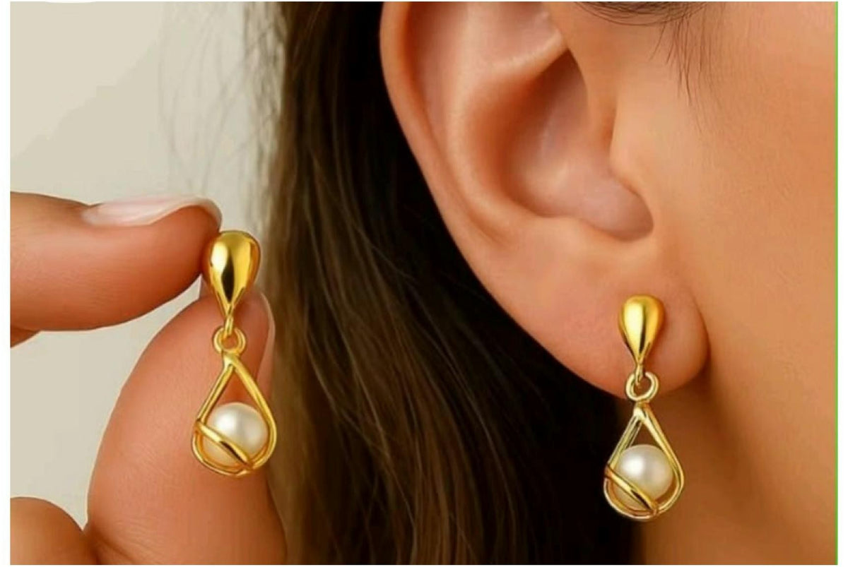 Gold Pearl Teardrop Drop Earrings