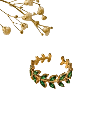 Emerald Leaf Vine Open Ring – Gold Plated